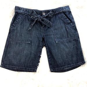 Ann Taylor Loft Dark Denim Shorts Flap Back Pockets Tie Waist Side Pockets